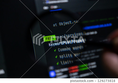 Magnifying glass highlighting programming code with a PASS message on a dark screen, symbolizing successful software development or quality assurance 129273818