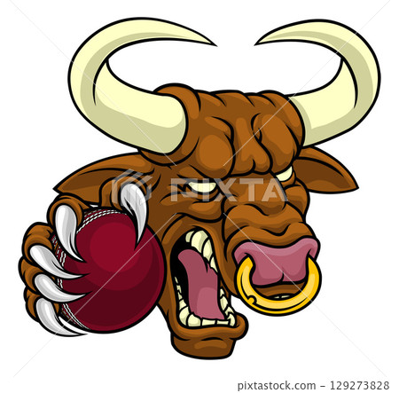 Bull Minotaur Longhorn Cow Cricket Mascot Cartoon Bull Minotaur Longhorn Cow Cricket Mascot Cartoon 129273828
