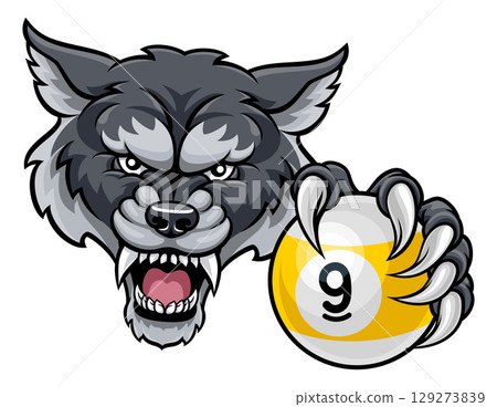 Wolf and 9 Ball Nine Ball Pool Cartoon Mascot Wolf and 9 Ball Nine Ball Pool Cartoon Mascot 129273839