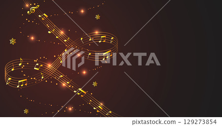 A fantastic musical background (red) with dancing snowflakes and golden notes 129273854