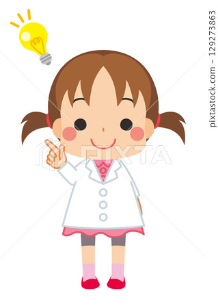 一個穿著白大褂的可愛男孩突然冒出一個主意的插圖。全身，人物，向量圖，白色背景 129273863
