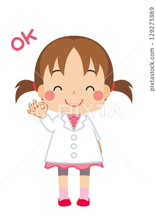 Illustration of a cute girl in a white coat making an OK sign. Full body, person, vector, white background Illustration of a cute girl in a white coat making an OK sign. Full body, person, vector, white background 129273869
