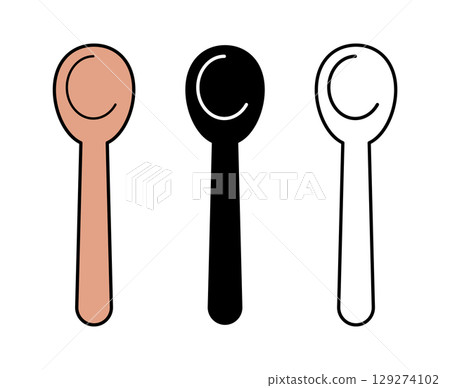 Three artistic spoons in diverse colors: beige, black, and white, showcasing stylish minimalism. 129274102