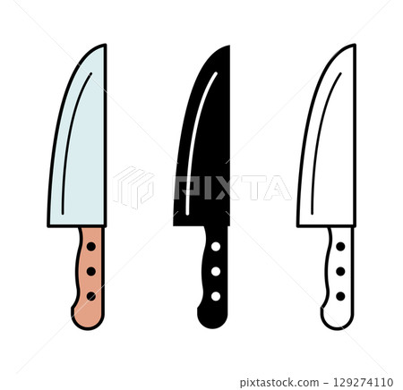 Three stylish kitchen knives with varied blade colors and handle designs, showcasing modern culinary tools. 129274110