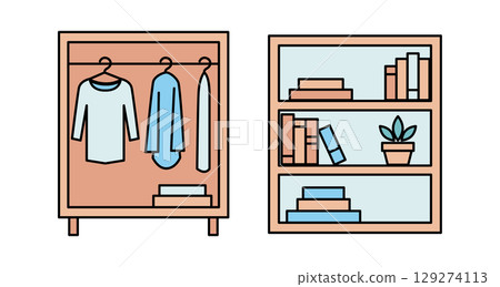 Stylish closet and bookshelf illustration featuring clothing and books in soft pastel colors. Stylish closet and bookshelf illustration featuring clothing and books in soft pastel colors. 129274113