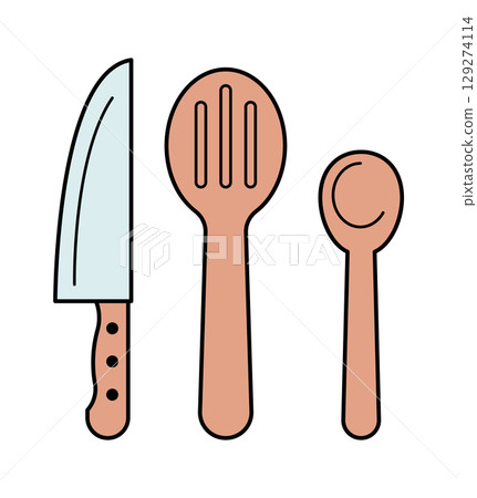 A minimalistic illustration featuring a knife, a slotted spoon, and a spoon in soft pastel colors. A minimalistic illustration featuring a knife, a slotted spoon, and a spoon in soft pastel colors. 129274114