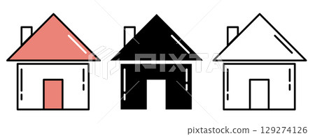 Three minimalist house illustrations in coral, black, and white colors, showcasing a modern design aesthetic. Three minimalist house illustrations in coral, black, and white colors, showcasing a modern design aesthetic. 129274126