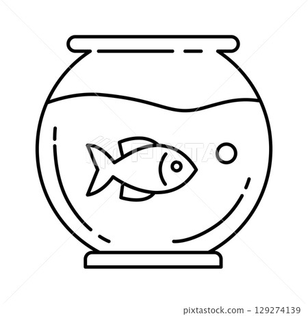 A simple line illustration of a fish swimming in a round glass aquarium. A simple line illustration of a fish swimming in a round glass aquarium. 129274139