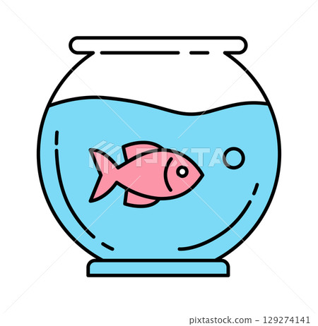 A charming pink fish swimming in a round glass fishbowl filled with clear blue water. 129274141