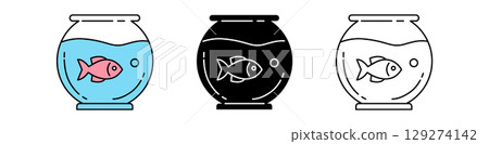 Three fishbowls showcasing a pink fish, a black fish, and an outline version against a minimalist background. 129274142