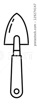 A simple line drawing of a gardening trowel with a wooden handle, ideal for planting and soil cultivation. A simple line drawing of a gardening trowel with a wooden handle, ideal for planting and soil cultivation. 129274147