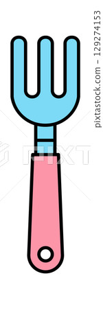 Colorful gardening fork with a pink handle and blue tines, perfect for planting and cultivating. Colorful gardening fork with a pink handle and blue tines, perfect for planting and cultivating. 129274153