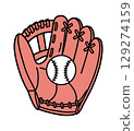A vibrant baseball glove with a ball resting inside, showcasing its intricate stitching and sporty design. 129274159
