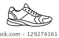 A sleek, minimalist black and white outline of a modern running shoe, designed for sports enthusiasts and active lifestyles. 129274161