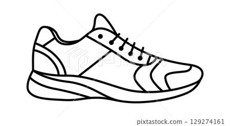 A sleek, minimalist black and white outline of a modern running shoe, designed for sports enthusiasts and active lifestyles. A sleek, minimalist black and white outline of a modern running shoe, designed for sports enthusiasts and active lifestyles. 129274161