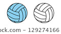 A vibrant blue volleyball alongside a simple outline of the same design, showcasing contrasting styles. 129274166