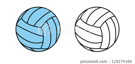 A vibrant blue volleyball alongside a simple outline of the same design, showcasing contrasting styles. 129274166