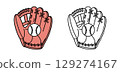 A vibrant red baseball glove with a ball, complemented by a black and white version, showcasing sports gear aesthetics. 129274167
