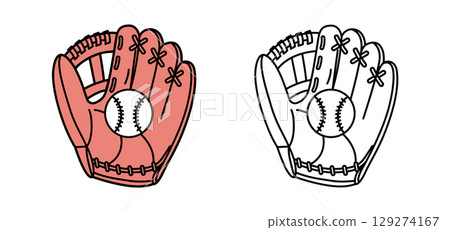 A vibrant red baseball glove with a ball, complemented by a black and white version, showcasing sports gear aesthetics. A vibrant red baseball glove with a ball, complemented by a black and white version, showcasing sports gear aesthetics. 129274167