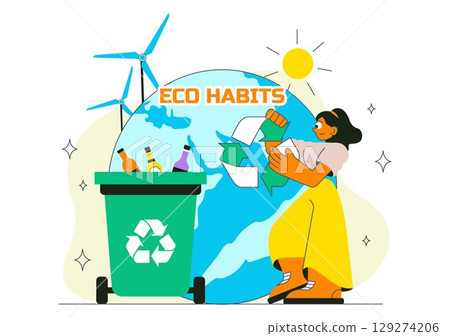 Eco Habit Illustration Featuring People Sorting Waste, Using Eco Bags, and Reusable Cups for Zero Waste and Sustainable Living in a Lifestyle Theme Eco Habit Illustration Featuring People Sorting Waste, Using Eco Bags, and Reusable Cups for Zero Waste and Sustainable Living in a Lifestyle Theme 129274206