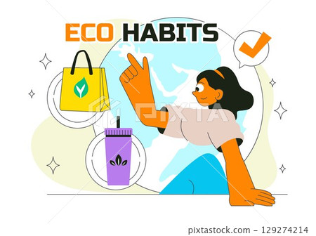 Eco Habit Illustration Featuring People Sorting Waste, Using Eco Bags, and Reusable Cups for Zero Waste and Sustainable Living in a Lifestyle Theme 129274214