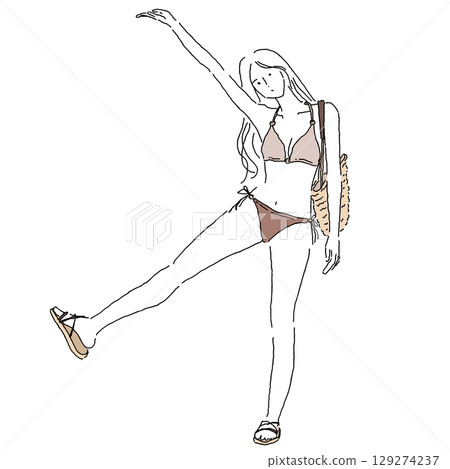 Illustration of a woman in a bikini posing energetically (summer, beach, vacation) 129274237