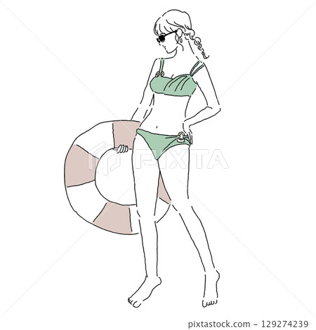 Illustration of a woman in a bikini holding a swim ring (summer, sea, pool) Illustration of a woman in a bikini holding a swim ring (summer, sea, pool) 129274239