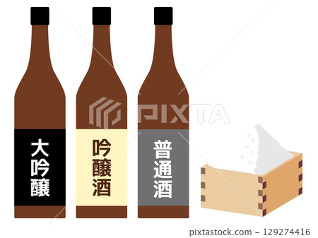Various types of sake bottles and rice in a masu box Various types of sake bottles and rice in a masu box 129274416