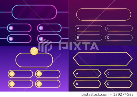 Quiz question set interface game menu, show answer trivia template background. Multiple choice frame, button. Bar ui challenge.  129274582