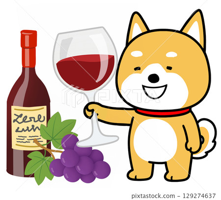Shiba Inu toasting with a glass of red wine and grapes Shiba Inu toasting with a glass of red wine and grapes 129274637