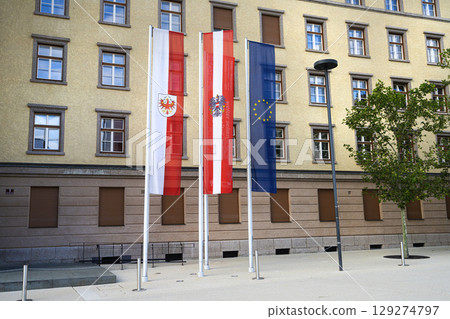 The flags of Tyrol region, Austria and European Union 129274797