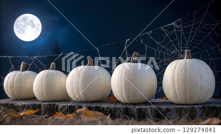 White pumpkins arranged on a log under a full moon with spider webs at night White pumpkins arranged on a log under a full moon with spider webs at night 129274841