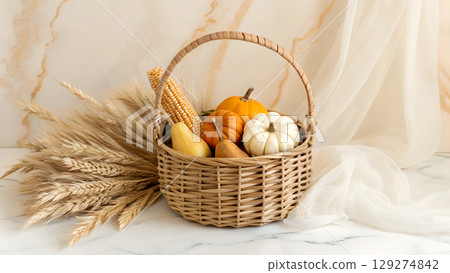 Harvest basket filled with fruits and vegetables on a marble surface 129274842