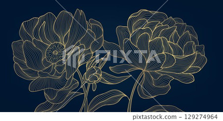Vector golden peonies flowers, luxury line japanese style floral background, wedding oriental pattern. Art deco vintage drawing, elegant bloom print. Vector golden peonies flowers, luxury line japanese style floral background, wedding oriental pattern. Art deco vintage drawing, elegant bloom print. 129274964