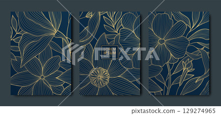 Vector set of fantasy flowers, line golden on blue luxury floral covers, botanical romantic ornament. Tropical vintage wedding spring posters, foliage japanese banners. Vector set of fantasy flowers, line golden on blue luxury floral covers, botanical romantic ornament. Tropical vintage wedding spring posters, foliage japanese banners. 129274965