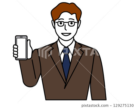 一名戴著眼鏡、身穿棕色西裝的男子展示他的智慧型手機螢幕 129275130