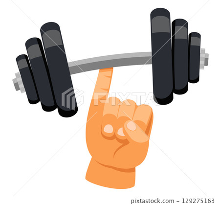 Hand lifting dumbbell with one little finger on a white background. Sport icon 129275163