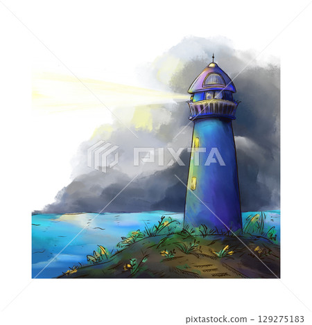 Blue lighthouse casting a bright beam of light across a stormy sea illustration 129275183