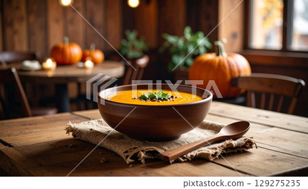 Pumpkin soup in a woodsy cafe 129275235