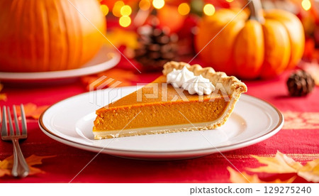 Pumpkin tart on an autumn leaf colored cloth 129275240