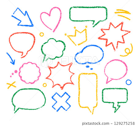 Playful hand drawn contour speech bubbles, line stickers with crayon, chalk or pencil texture 129275258