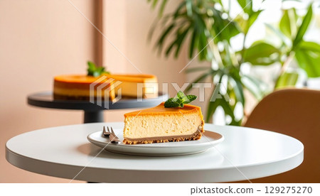 在現代咖啡館享用紅薯起司蛋糕 在現代咖啡館享用紅薯起司蛋糕 129275270