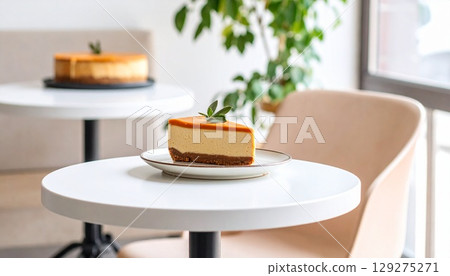 在現代咖啡館享用紅薯起司蛋糕 在現代咖啡館享用紅薯起司蛋糕 129275271