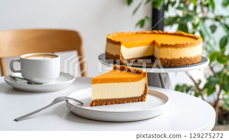 在現代咖啡館享用紅薯起司蛋糕 129275272