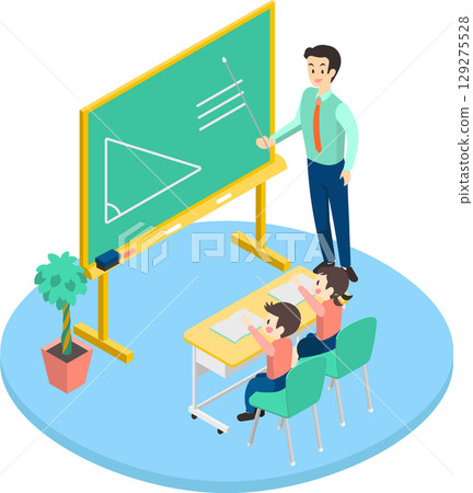 Illustration of children studying happily and a male teacher Illustration of children studying happily and a male teacher 129275528