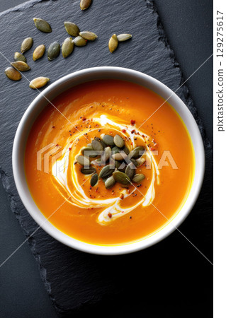 pumpkin soup in white bowl with roasted seeds and herbs on black background 129275617