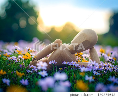 A drawing doll taking a peaceful nap in the grass 129275658