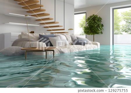 Home Floor Flooded, Showcasing Water Damage And Potential Issues 129275755