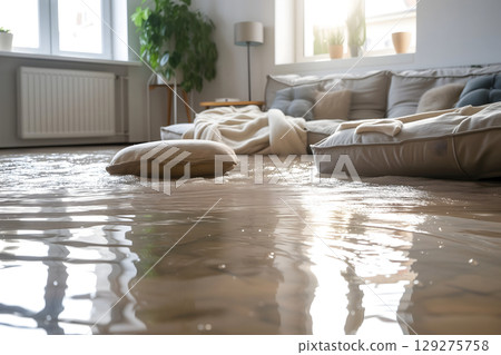 Home Floor Flooded, Showcasing Water Damage And Potential Issues 129275758
