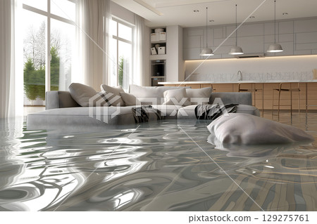 Home Floor Flooded, Showcasing Water Damage And Potential Issues 129275761